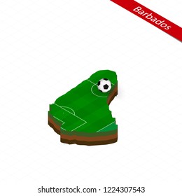 Isometric map of Barbados with soccer field. Football ball in center of football pitch. Vector soccer illustration.