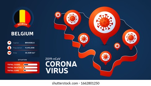 Isometrische Karte von Belgien mit hervorgehobener Vektorillustration auf dunklem Hintergrund. Koronavirus-Statistiken. 2019-nCoV Gefährliches chinesisches Ncov-Corona-Virus. Infografik und Länderinformation.