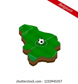 Isometric map of Belgium with soccer field. Football ball in center of football pitch. Vector soccer illustration.