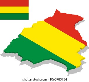 Isometric map of Bolivia with flag texture, capital.