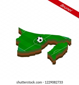 Isometric map of Brunei with soccer field. Football ball in center of football pitch. Vector soccer illustration.