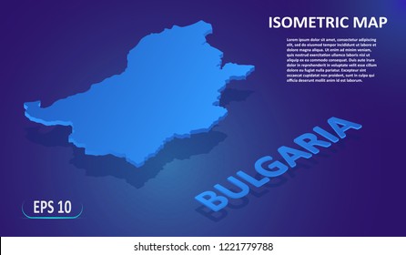 Isometric map of  Bulgaria. Modern flat map of the European country on blue background. Isolated 3D isometric concept for infographic. Vector illustration. EPS 10.