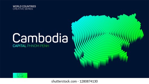 Isometric map of Cambodia with neon circle lines