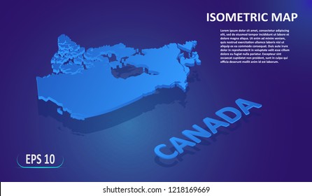 Isometric map of Canada. Modern flat map of the country on blue background. Isolated 3D isometric concept for infographic. Vector illustration. EPS 10.