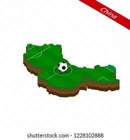 Isometric map of China with soccer field. Football ball in center of football pitch. Vector soccer illustration.