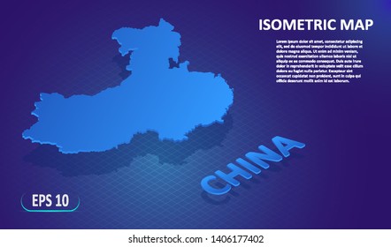 Mapa isométrico de la China. Plano plano estilizado del país sobre fondo azul. Moderno mapa isométrico 3d con lugar para texto o descripción. Concepto 3D para infografía. Ilustración del vector