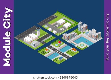 Isometric map of the city  airport, the trees and the flight of construction and building, terminal, planes and cars vector illustration.