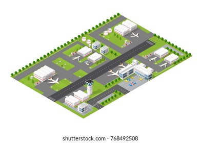 Isometric map of the city airport, the trees and the flight of construction and building, terminal, planes and cars vector illustration.