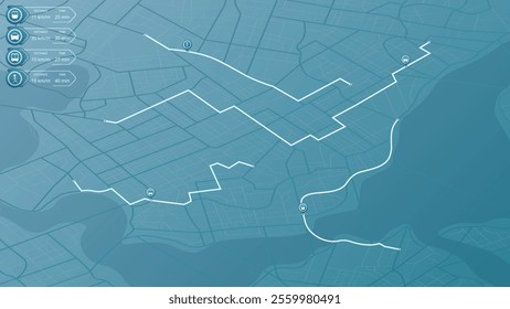 Isometric map of city with different types of transportation. Plan your trip around town to destination. Navigate the city. Vector illustration