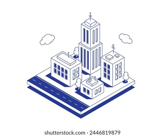 Isometrische Karte eines Stadtbezirks oder einer Nachbarschaft, Vorstadtgebiet mit Gebäuden, Häusern und Wolkenkratzern. Moderne Design-Vorlage. Vektorillustration im linearen isometrischen Stil