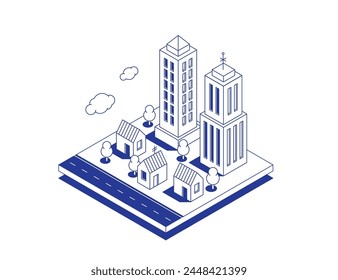 Isometrische Karte eines Stadtbezirks oder einer Nachbarschaft, Vorstadtgebiet mit Gebäuden, Häusern und Wolkenkratzern. Moderne Design-Vorlage. Vektorillustration im linearen isometrischen Stil