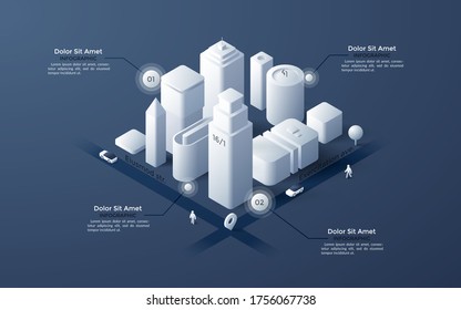 Mapa isométrico del centro de la ciudad o área de negocios con edificios blancos de papel y rascacielos, calles, marcas de ubicación y lugar de texto. Limpiar plantilla de diseño de infografía. Ilustración vectorial moderna.