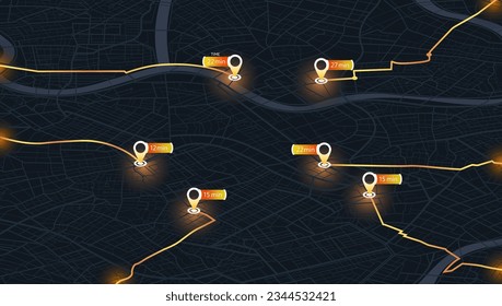 Isometric Map city with gps pins. Direction markers for navigation. Street, road, park. Destinations sing along the path pointers. Vector, Black background. Visually stunning composition lines