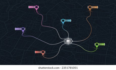 Isometric map city con gps pins street, road. Varios destinos con sistema de ubicación. Vector, fondo negro Mapa urbano con punteros de información, señales, flechas. Ilustración del vector