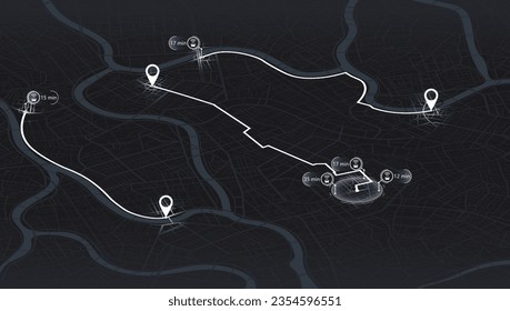 Ciudad de mapas isométrica con pines gps. Calle, camino, Alternativa con el sistema de localización. Mapa urbano con punteros. Vector, fondo negro Mapa urbano con punteros, signos, flechas. Ilustración vectorial.