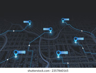 Isometric Map city with gps pins. Direction markers for navigation. Street, road, park. Destinations sing along the path pointers. Vector, Black background. Visually stunning composition lines