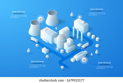 Isometric map of city industrial area with paper white factory and power plant buildings, cooling towers, streets and place for text. Clean infographic design template. Modern vector illustration.