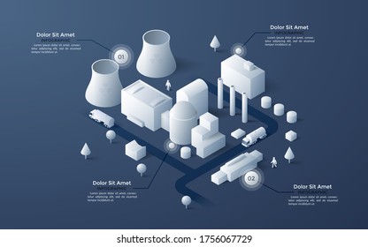 Mapa isométrico del área industrial de la ciudad con edificios de fábricas blancas de papel y plantas de energía, torres de refrigeración, calles y lugar de texto. Limpiar plantilla de diseño de infografía. Ilustración vectorial moderna.