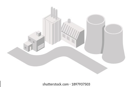 Mapa isométrico del área industrial de la ciudad con edificios de fábricas blancas de papel y plantas de energía, torres de refrigeración, calles y lugar de texto. Limpiar plantilla de diseño de infografía. Ilustración vectorial moderna.