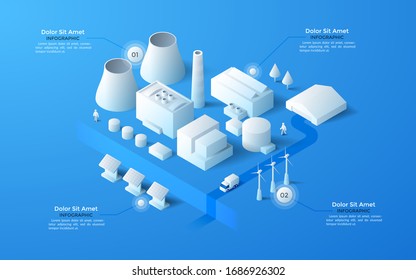 Mapa isométrico del distrito industrial de la ciudad con plantas de fabricación o producción de papel blanco, edificios de almacén, torres de enfriamiento, calles. Plantilla de diseño gráfico. Ilustración vectorial moderna.