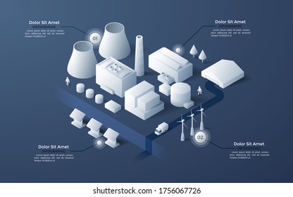 Mapa isométrico del distrito industrial de la ciudad con plantas de fabricación o producción de papel blanco, edificios de almacén, torres de refrigeración, calles. Plantilla de diseño infográfico. Ilustración vectorial moderna.