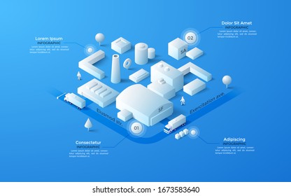 Isometric map of city industrial zone or area with paper white factory or manufacturing buildings, streets, trucks and place for text. Clean infographic design template. Modern vector illustration.