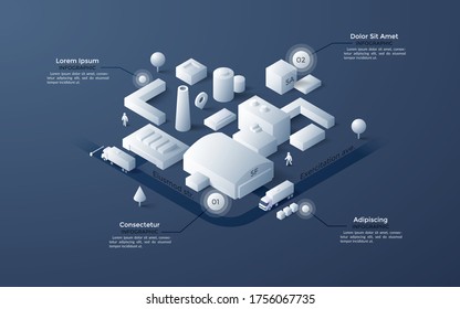 Isometric map of city industrial zone or area with paper white factory or manufacturing buildings, streets, trucks and place for text. Clean infographic design template. Modern vector illustration.