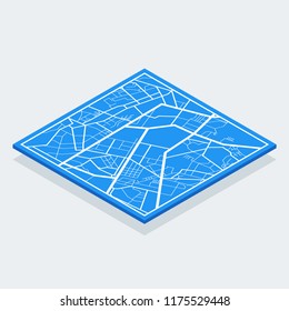 Isometric Map of the city, locality. White scheme on a blue background. GPS navigation, along the road and streets. Flat vector cartoon illustration.