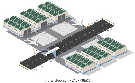 Isometric map of the city's airport, the trees and the flight of construction and building, terminal, planes and cars vector illustration.
