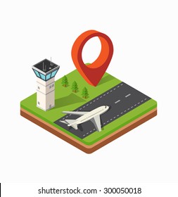 Isometric map of the city's airport, the trees and the flight of construction 