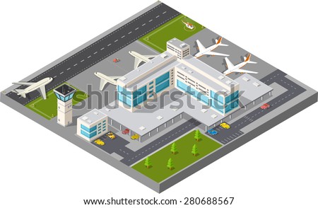 Isometric map of the city's airport, the trees and the flight of construction and building, terminal, planes and cars vector illustration.