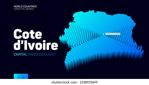 Isometric map of Cote d'Ivoire with blue hexagon lines