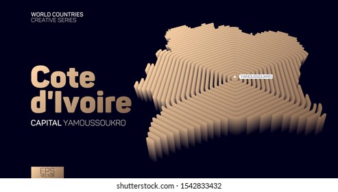 Isometric map of Cote d'Ivoire with golden hexagon lines