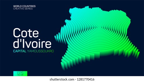 Isometric map of Cote d'Ivoire with neon circle lines