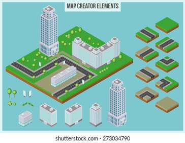 Isometric map creator elements city building. Vector illustration