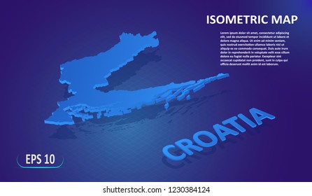 Isometric map of  CROATIA. Stylized flat map of the European country on blue background. Modern isometric or 3d location map with place for text or description. Isolated 3D concept for infographic.EPS