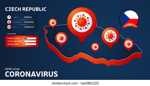 Isometric map of Czech Republic with highlighted country vector illustration on dark background. coronavirus statistics. 2019-nCoV Dangerous chinese ncov corona virus. infographic and country info.
