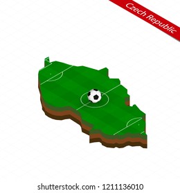 Isometric map of Czech Republic with soccer field. Football ball in center of football pitch. Vector soccer illustration.