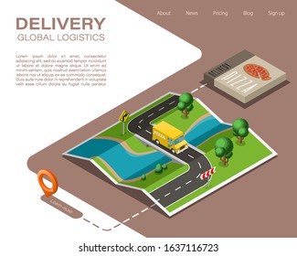 Isometric map delivery van pizza navigation, point marker delivery food isometry drawing schema, 3D simple nature plan GPS navigator, final destination arrow paper map