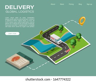 Isometric map delivery van pizza navigation, point marker delivery food isometry drawing schema, 3D simple nature plan GPS navigator, final destination arrow paper map