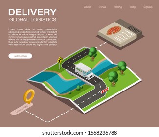 Isometrische Kartenausgabe für Pizzafahrt, Punktmarkierungs-Essometrie-Zeichnungsschema, 3D-einfacher GPS-Navigator, Endziel-Pfeilerplan