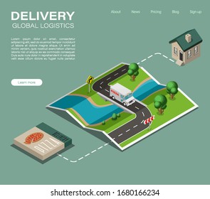 Isometric map delivery van pizza navigation to home, point marker delivery food to house isometry drawing schema