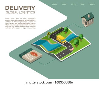 Isometric map delivery van pizza navigation to home, point marker delivery food to house isometry drawing schema