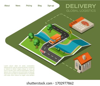 Entrega de mapas isométricos navegación de pizza de van a casa, entrega de marcadores de punto alimentos a la isometría casa esquema de dibujo