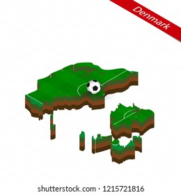 Isometric map of Denmark with soccer field. Football ball in center of football pitch. Vector soccer illustration.