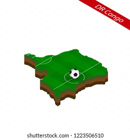 Isometric map of DR Congo with soccer field. Football ball in center of football pitch. Vector soccer illustration.