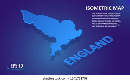 Isometric map of ENGLAND. Stylized flat map of the European country on blue background. Modern isometric or 3d location map with place for text or description. Isolated 3D concept for infographic.EPS