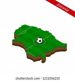 Isometric map of Estonia with soccer field. Football ball in center of football pitch. Vector soccer illustration.