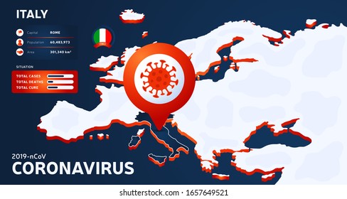 Isometric map of Europe with highlighted country Italy vector illustration. coronavirus statistics. 2019-nCoV Dangerous chinese ncov corona virus. infographic and country info