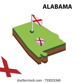 Isometric map and flag of Alabama. 3D isometric Vector Illustration